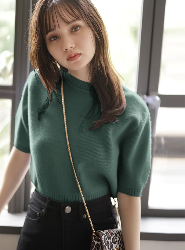 日本 GRL - 百搭短版五分袖針織上衣-灰粉