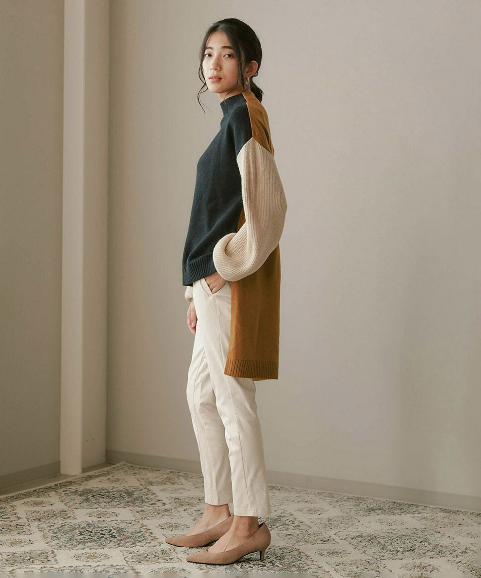 日本 Bou Jeloud - 撞色拼接前短後長立領針織毛衣-黑杏焦糖