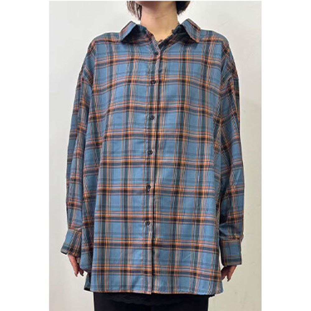 2way穿法輕盈透膚寬版薄襯衫-格紋-藍橘系