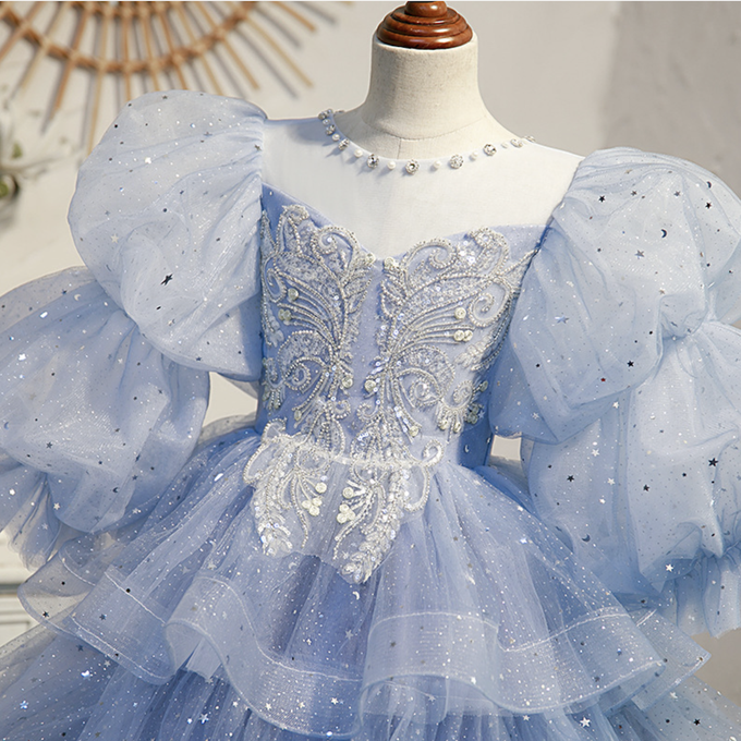 love, charlotte - 華麗水藍紗繡花亮片手工釘珠氣質蛋糕長裙禮服-水藍色