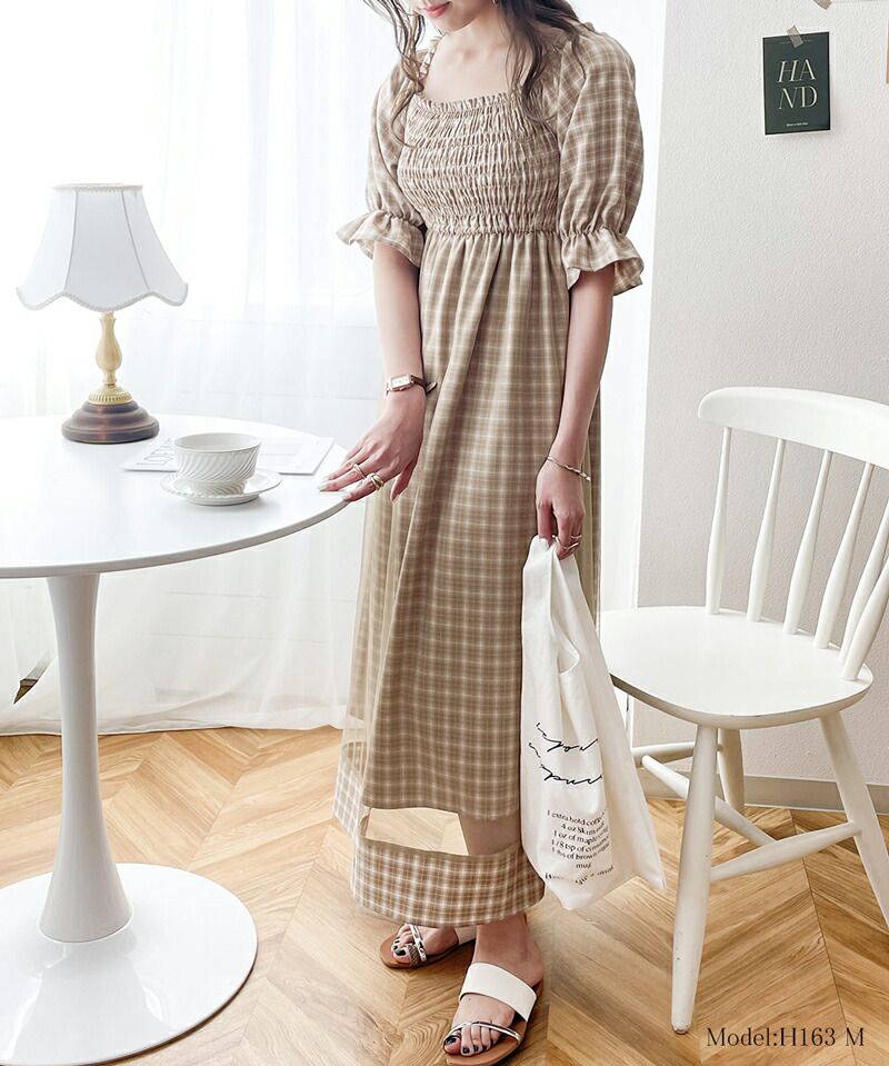 日本 Classical Elf - 歐風文藝泡泡袖紗拼接洋裝-格紋-草綠