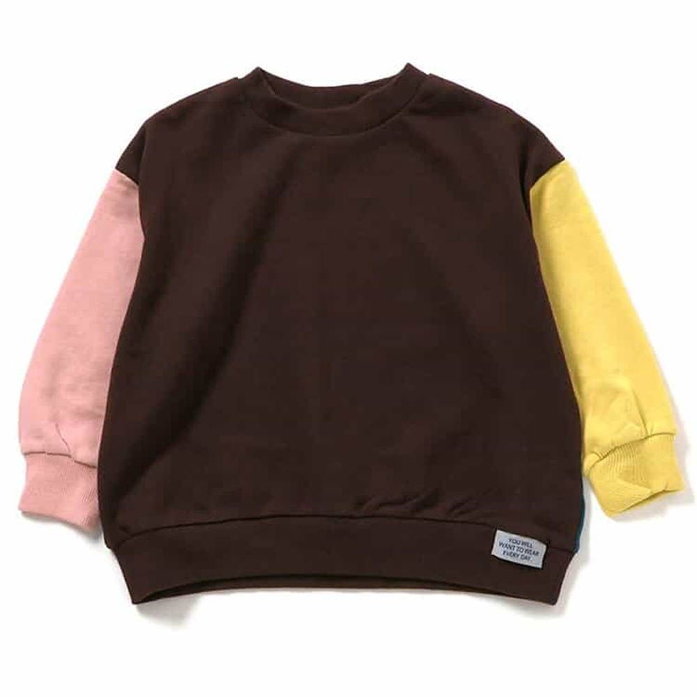 100%棉 落肩寬鬆縮口長袖上衣-撞色-黑X棕X藍綠