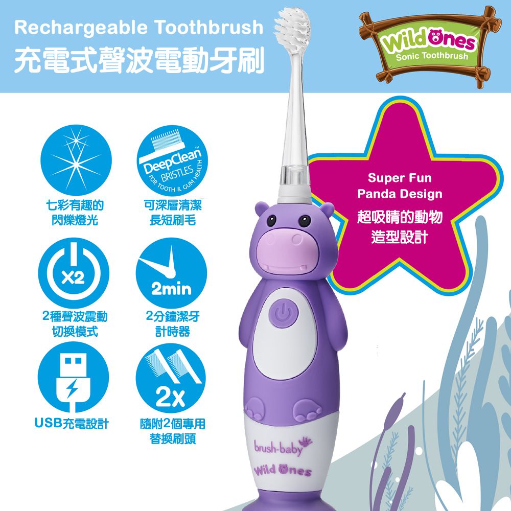 英國 brush-baby - 充電式聲波電動牙刷-河馬-歐菈-0-10歲