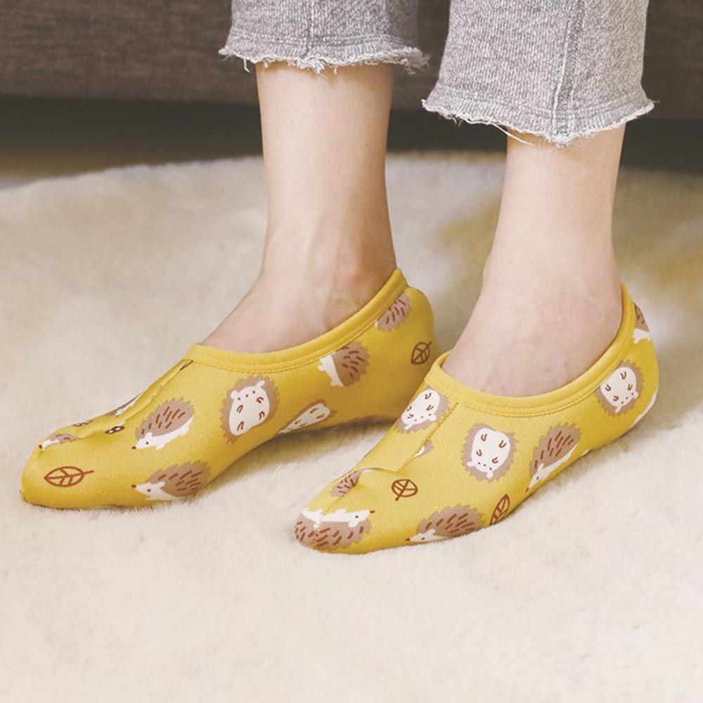 日本丸和 - 雙層機能裏起毛防滑室內襪-可愛刺蝟-奶油黃 (21-25cm)-船型