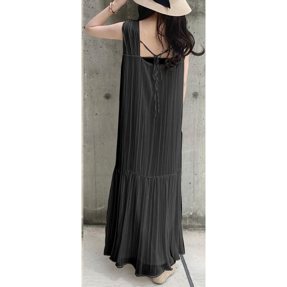 柔美雪紡後綁帶細摺背心洋裝-炭灰 (F)