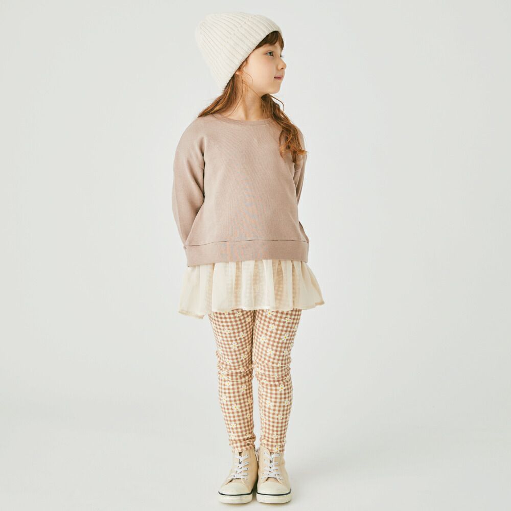 日本 evercloset - 下擺飄逸薄紗素色長袖上衣-煙燻粉x白