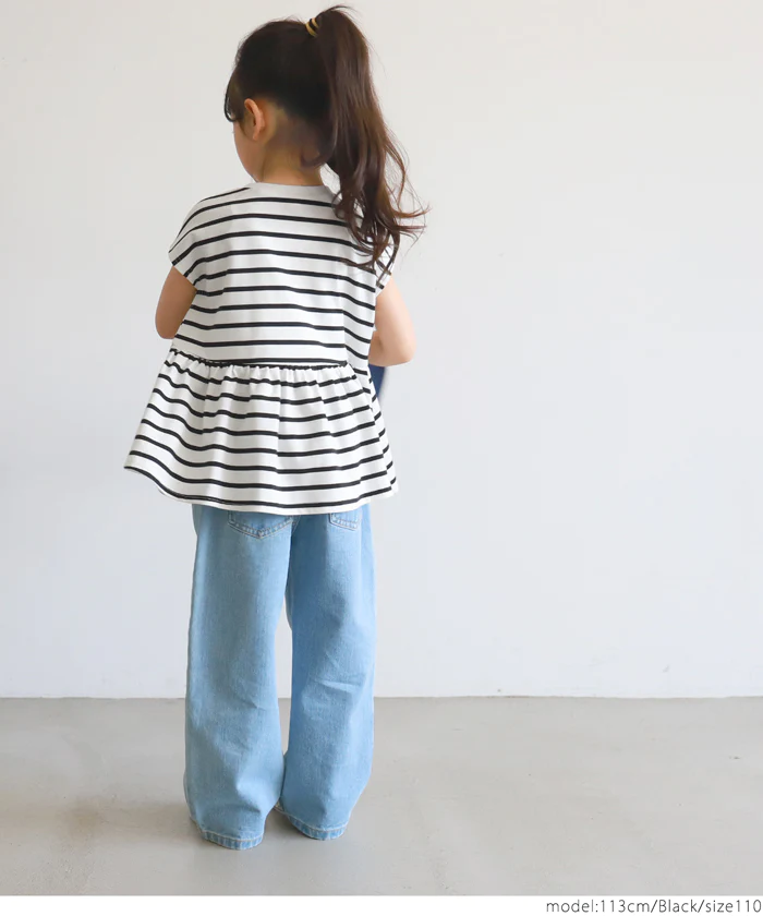 日本 COCA - 橫條紋簡約休閒短袖上衣-孩子-藍