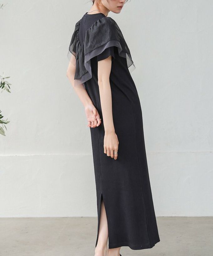 日本 Bab - 不對稱交叉薄紗拼接短袖洋裝-黑