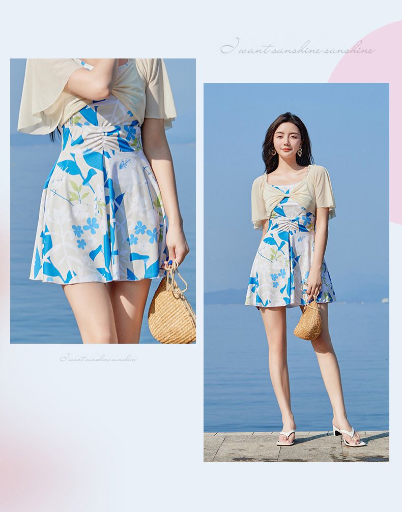 荷葉袖修身顯瘦遮肉連身裙泳衣-拼色幾何-淺紫色