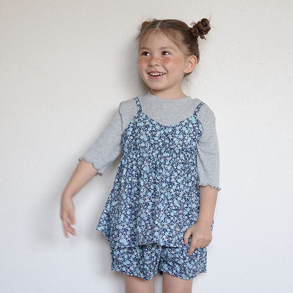 日本 Lycee mine - 假二件吊帶五分捲邊袖上衣-灰x藍花