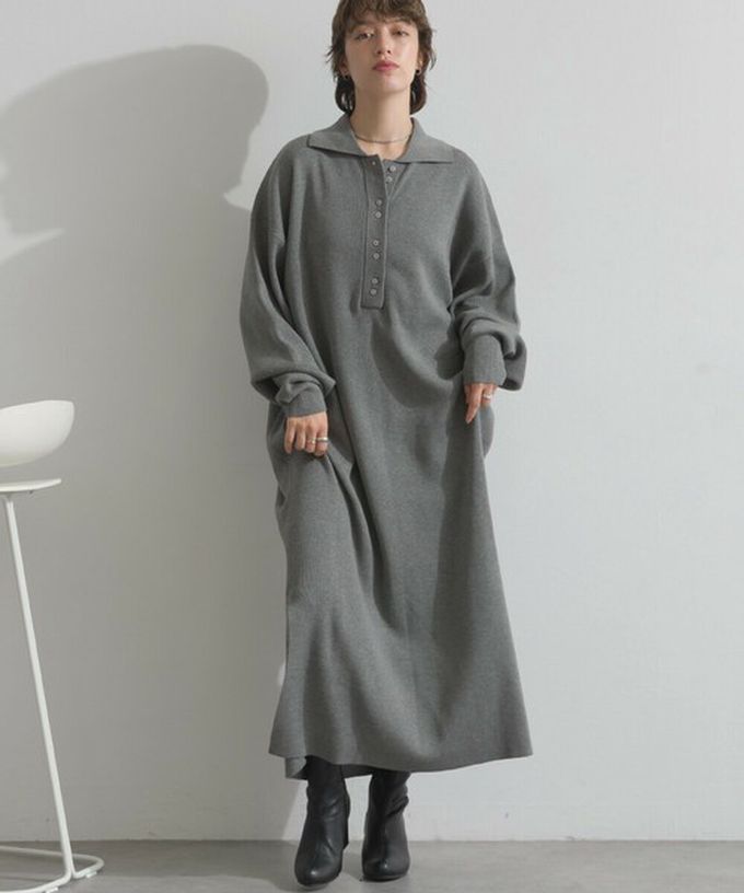 日本 Lupilien - 氣質排扣polo衫針織長袖洋裝-灰