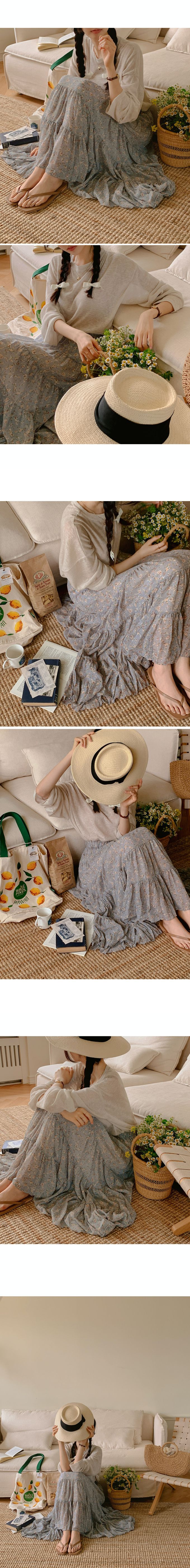 韓國女裝代購 - 鬆緊腰花朵印拼接蛋糕裙-象牙白 (FREE)