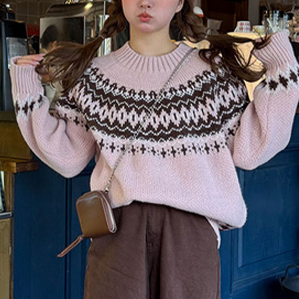 聯名款 北歐典雅風菱格紋毛衣-粉紅 (F)