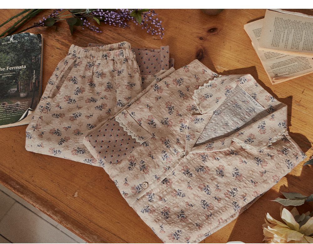 韓國 ULLALA - 復古碎花長褲睡衣(兩件式) (FREE)