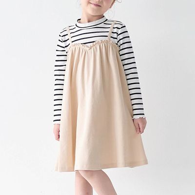 日本千趣會 - 假兩件式吊帶長袖洋裝-條紋-米杏