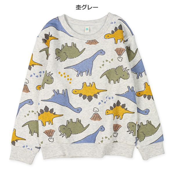 日本西松屋 - 刷毛圓領印花長袖上衣-可愛恐龍-米杏