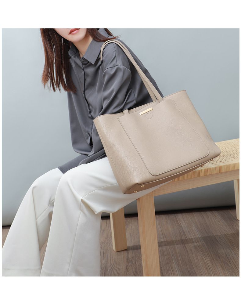 真皮大容量托特包-A4可放-淺灰色 (34x24x13cm)