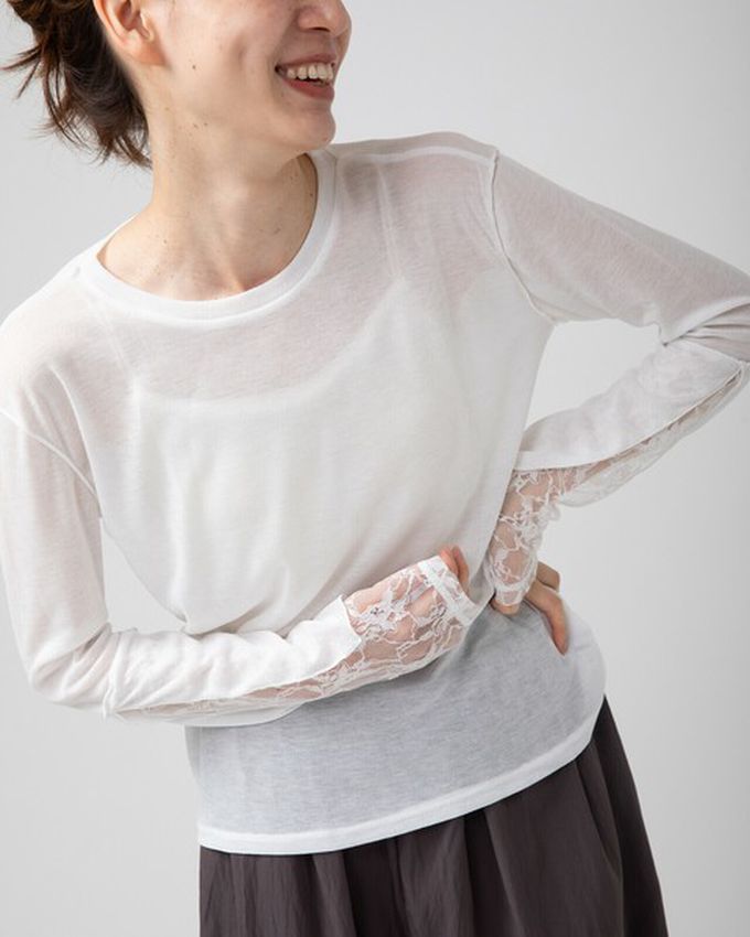 日本 gleam - 薄透合身蕾絲拼接長袖上衣-黑