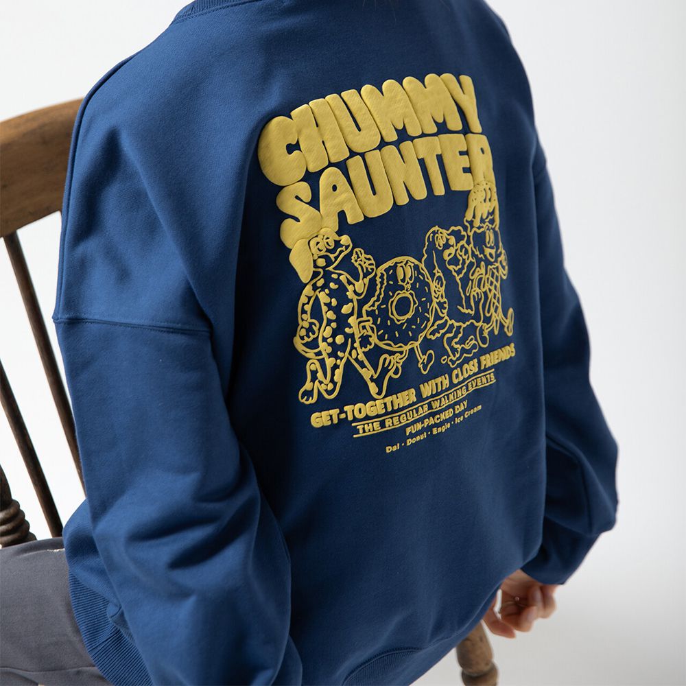 裏毛寬版甜點好友印花大學T-寶藍x黃