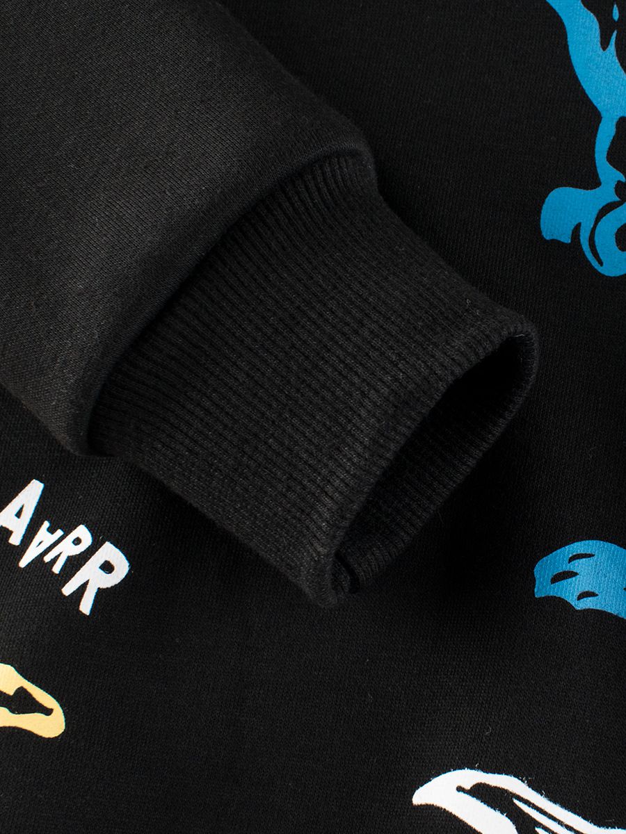 加絨棉質圓領長袖上衣/大學T-恐龍-黑色