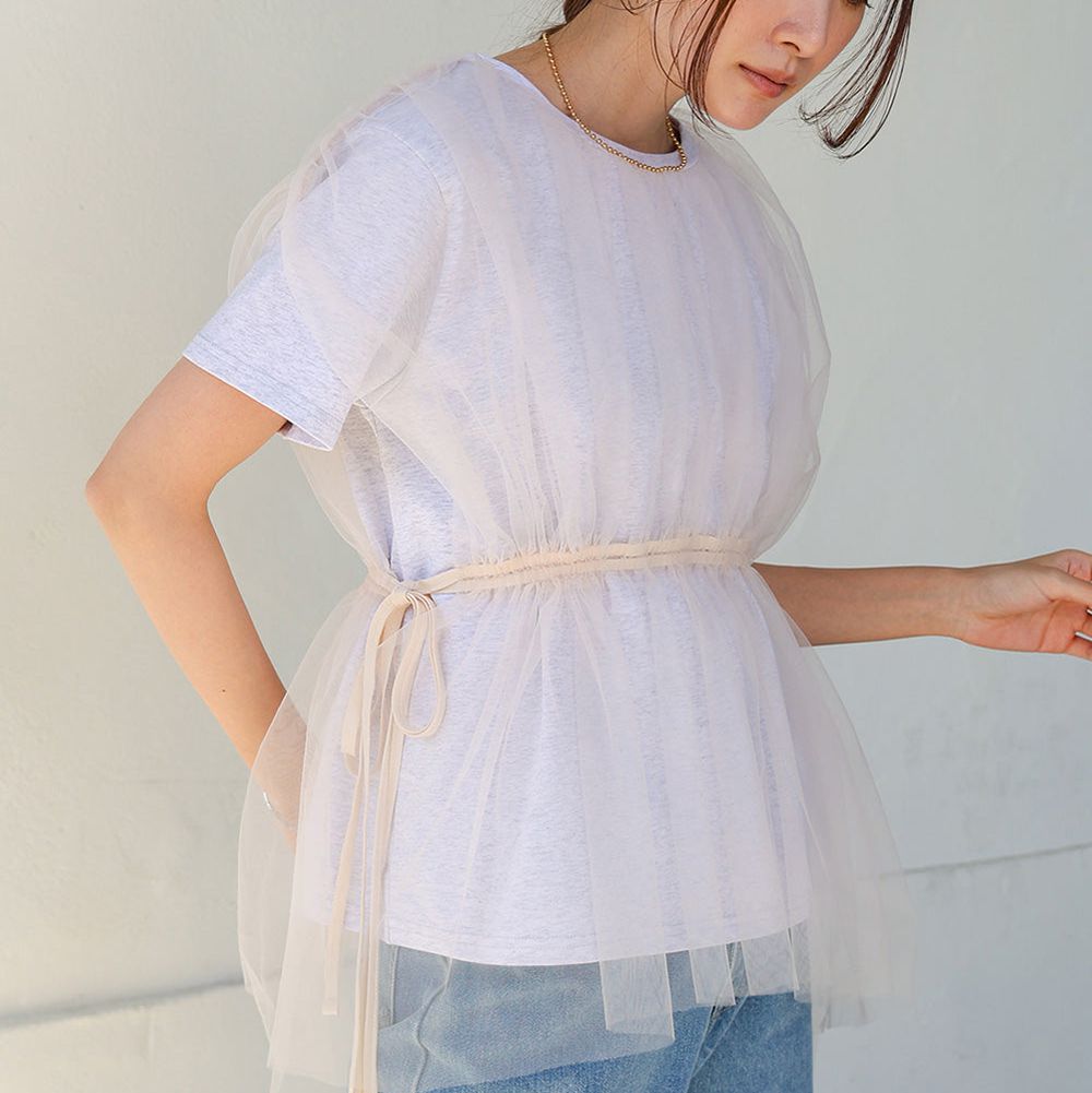 仙氣皺摺薄紗 腰綁帶短袖上衣-淺灰