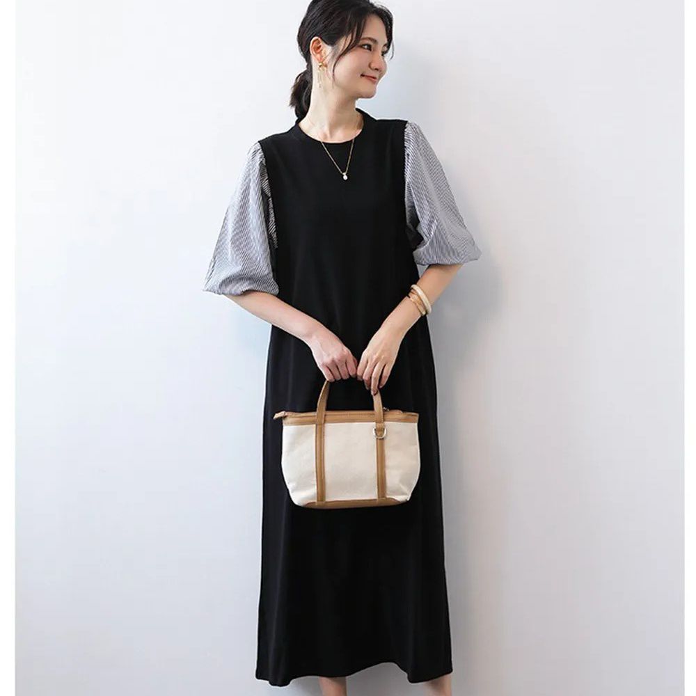 日系拼接假兩件泡泡袖洋裝-黑白條紋