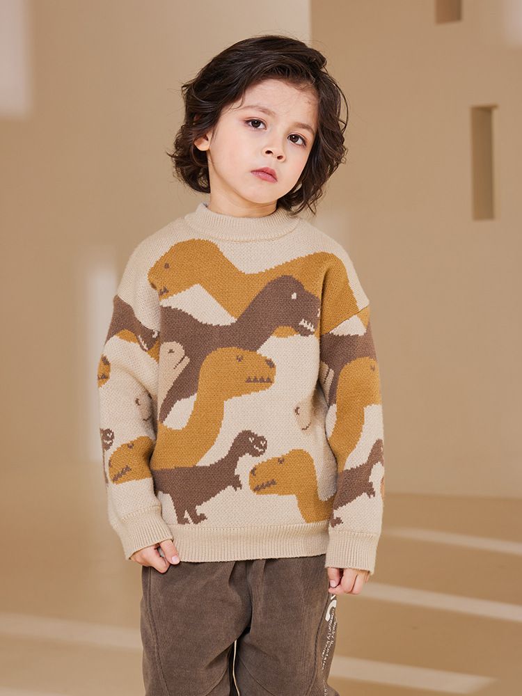 圓領保暖針織長袖上衣/毛衣-恐龍迷彩-綠色