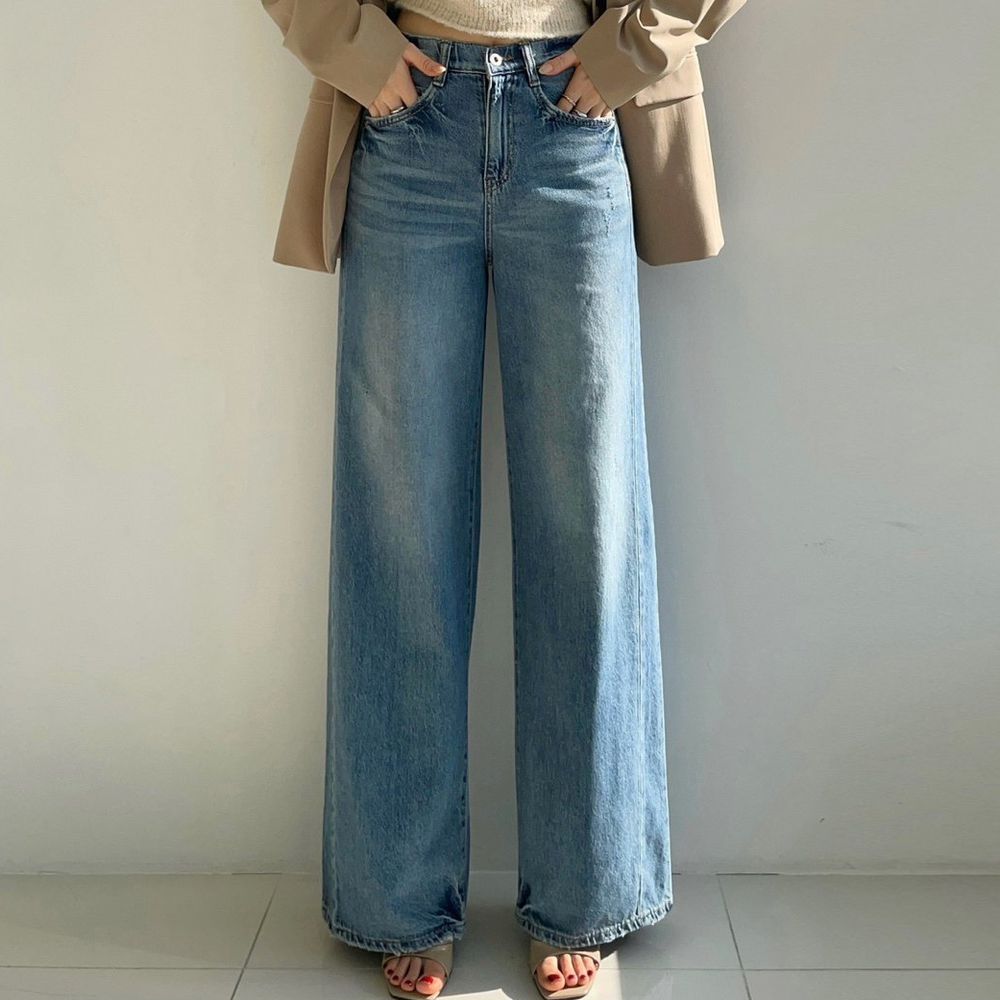 Howluk 後鬆緊腰天絲輕柔拼接寬褲-淺藍