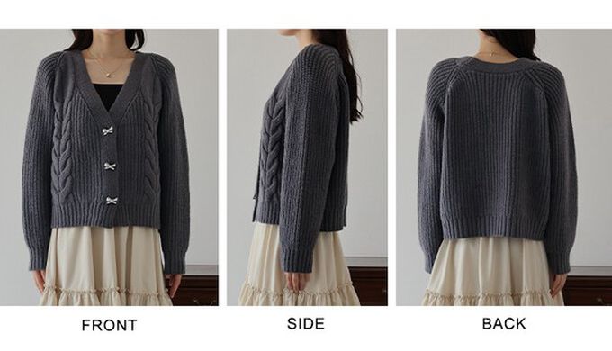 日本 BLUE EAST - 蝴蝶結寶石V領麻花粗編開襟衫-炭灰 (M)