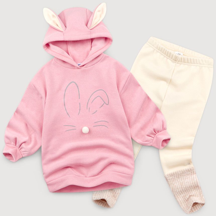 韓國 Jelispoon - (內刷毛)兔耳朵造型帽T套裝-粉紅