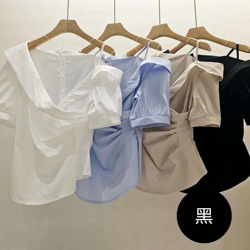 韓國女裝連線 - 露肩造型腰際抓褶襯衫-黑 (FREE)
