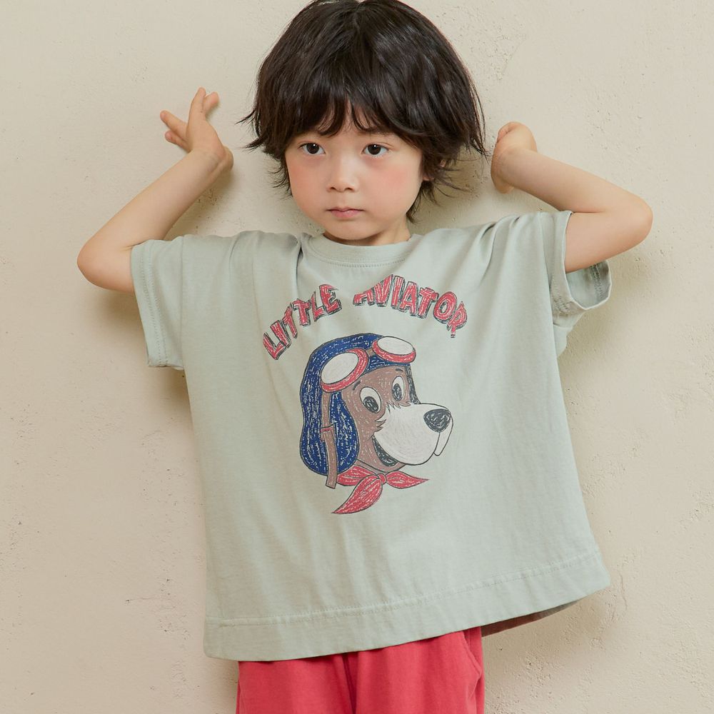 NAVi 塗鴉飛行員狗狗純棉落肩袖上衣-淺灰帶綠