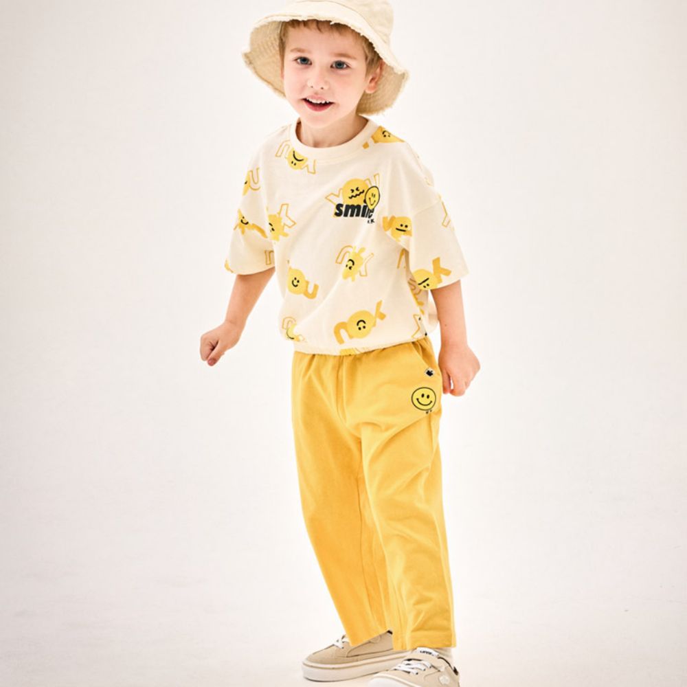 表情圖案印短袖上衣長褲套裝-芥末黃