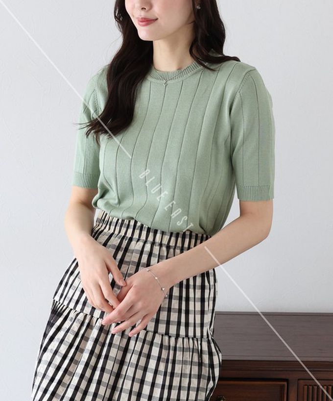 日本 BLUE EAST - 羅紋彈性薄針織五分袖上衣-薄荷綠