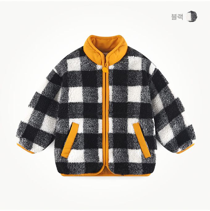 韓國 milk mile - 黑白格紋毛絨保暖外套-黑