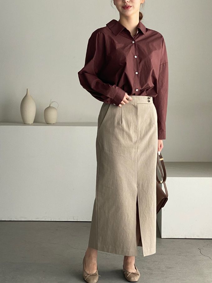 韓國女裝連線 - 知性背後抓褶翻領長袖襯衫-咖啡紅 (FREE)