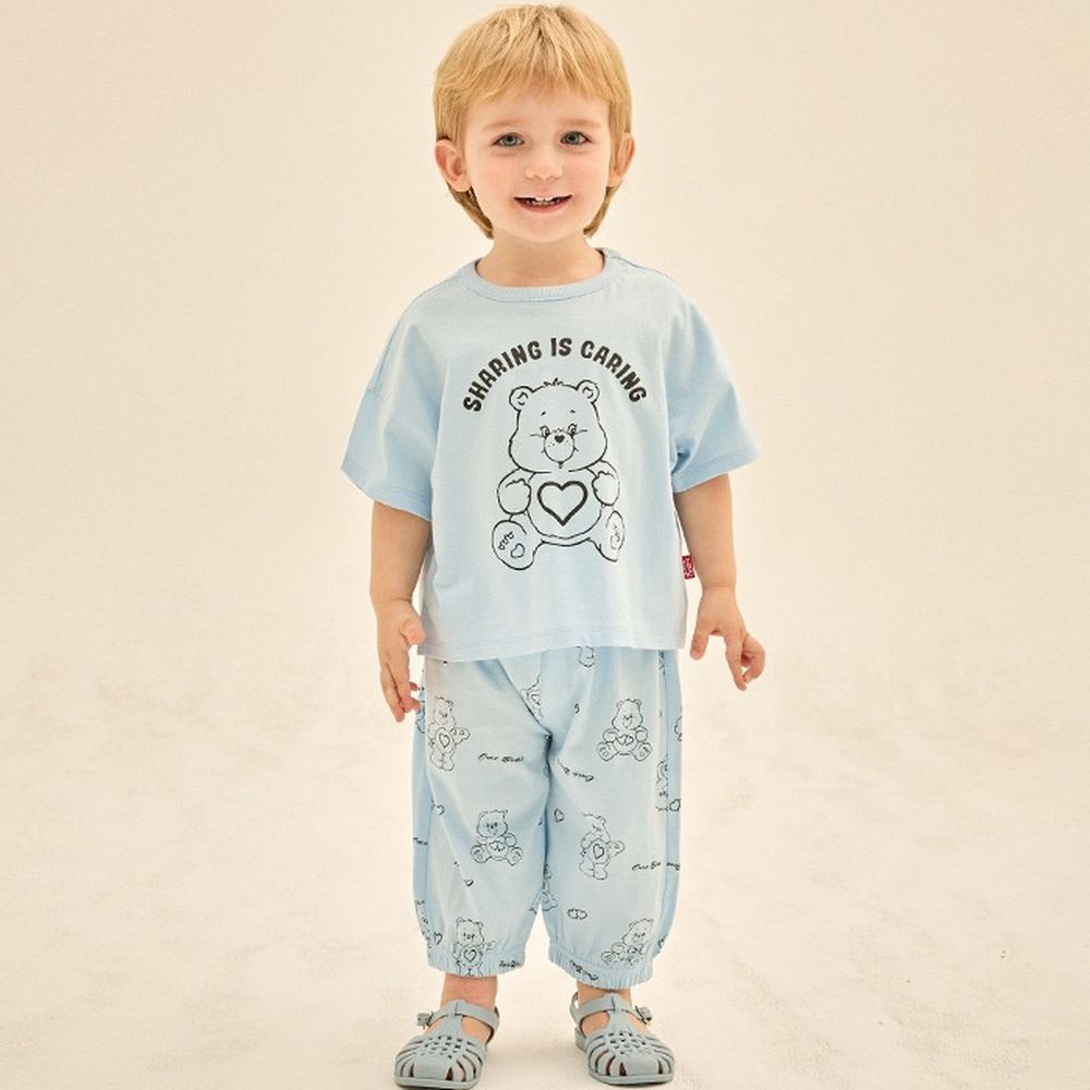 聯名款手繪熊熊短袖上衣X長褲套裝-天藍