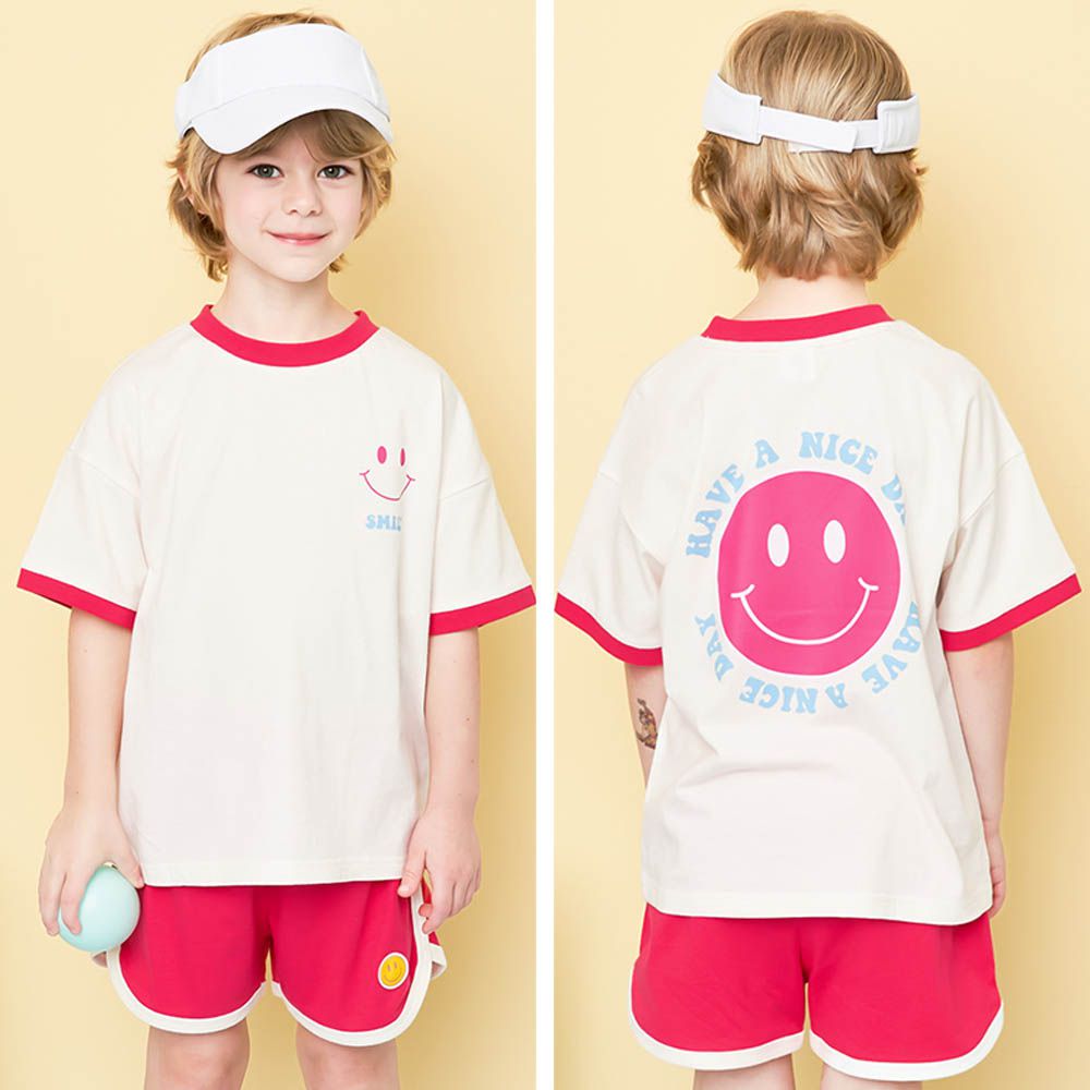 笑臉圖案純棉短袖套裝-紅