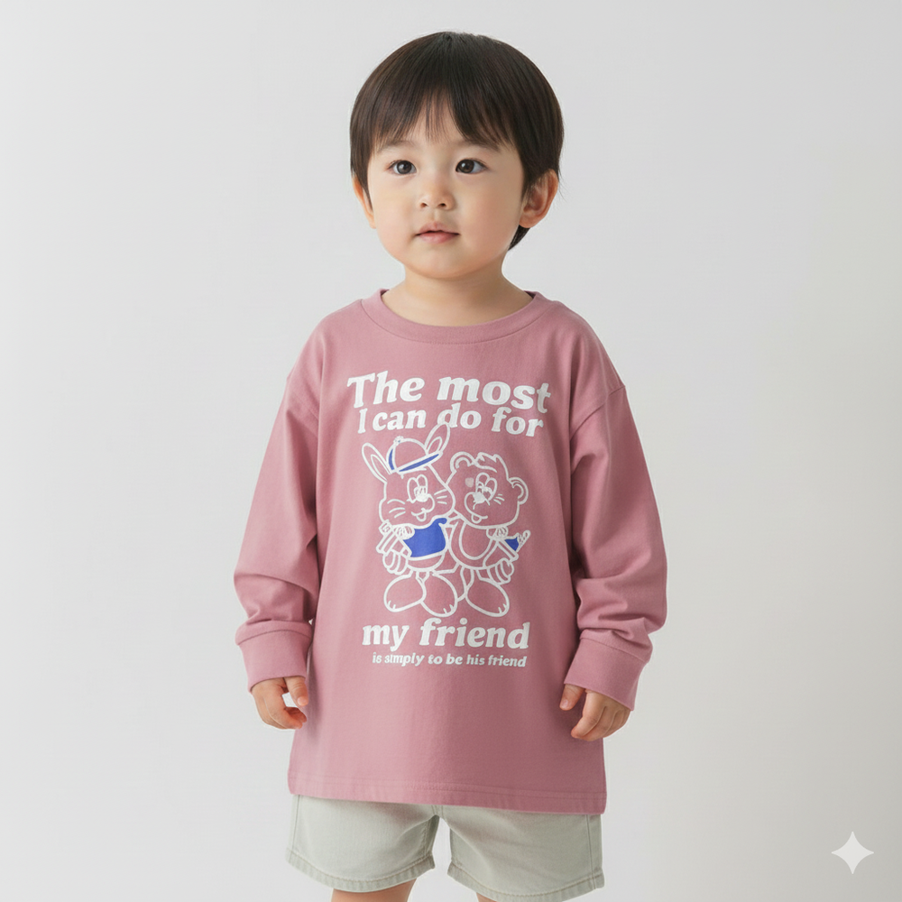 100%棉 美式印花薄長袖上衣-兔子好朋友-粉紅