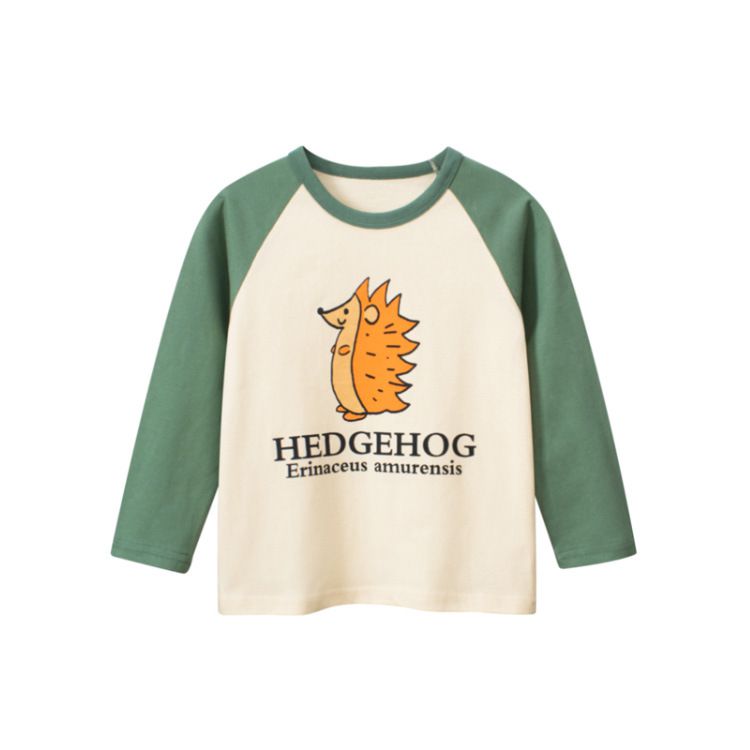 純棉圓領薄長袖上衣-可愛刺蝟-綠+杏