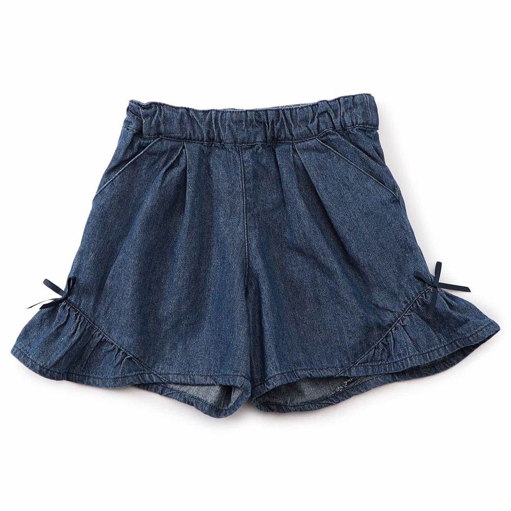 二側可愛蝴蝶結寬擺短褲-深藍