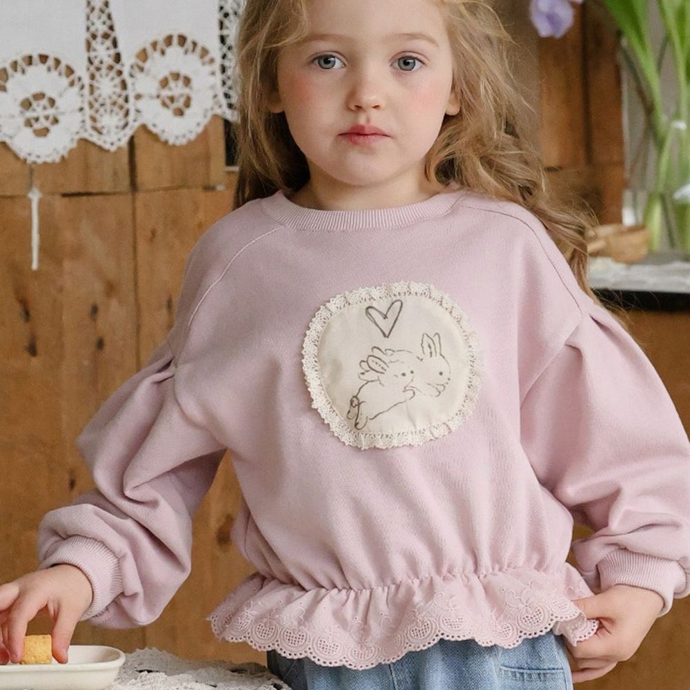 Puellaflo 俏皮兔拼接蕾絲布長袖大學T-粉