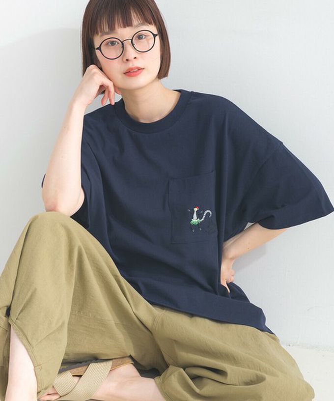 日本 Lupilien - 16支天竺棉俏皮動物刺繡寬大口袋T恤-海軍藍