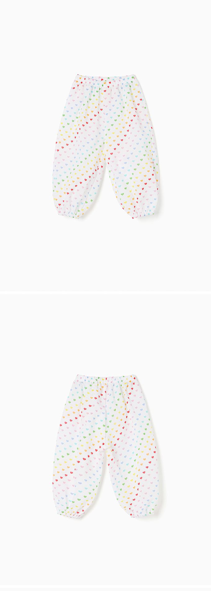 韓國 OZKIZ - 鬆緊腰滿版印花縮口防蚊褲-彩色愛心-淡粉