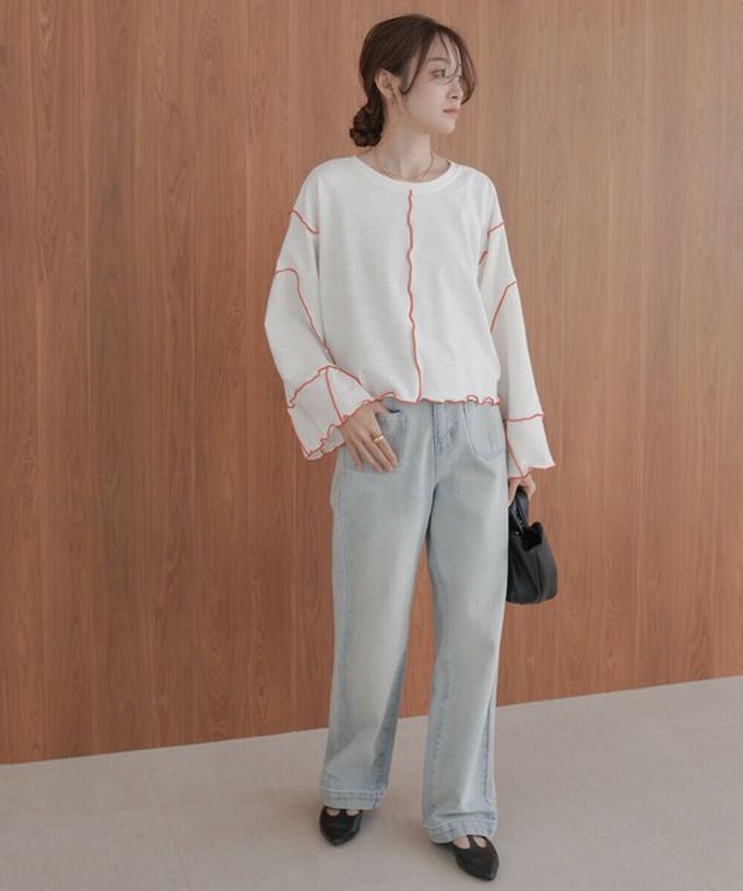 日本 Bab - 活力跳色感木耳邊大寬袖上衣-灰x淺黃