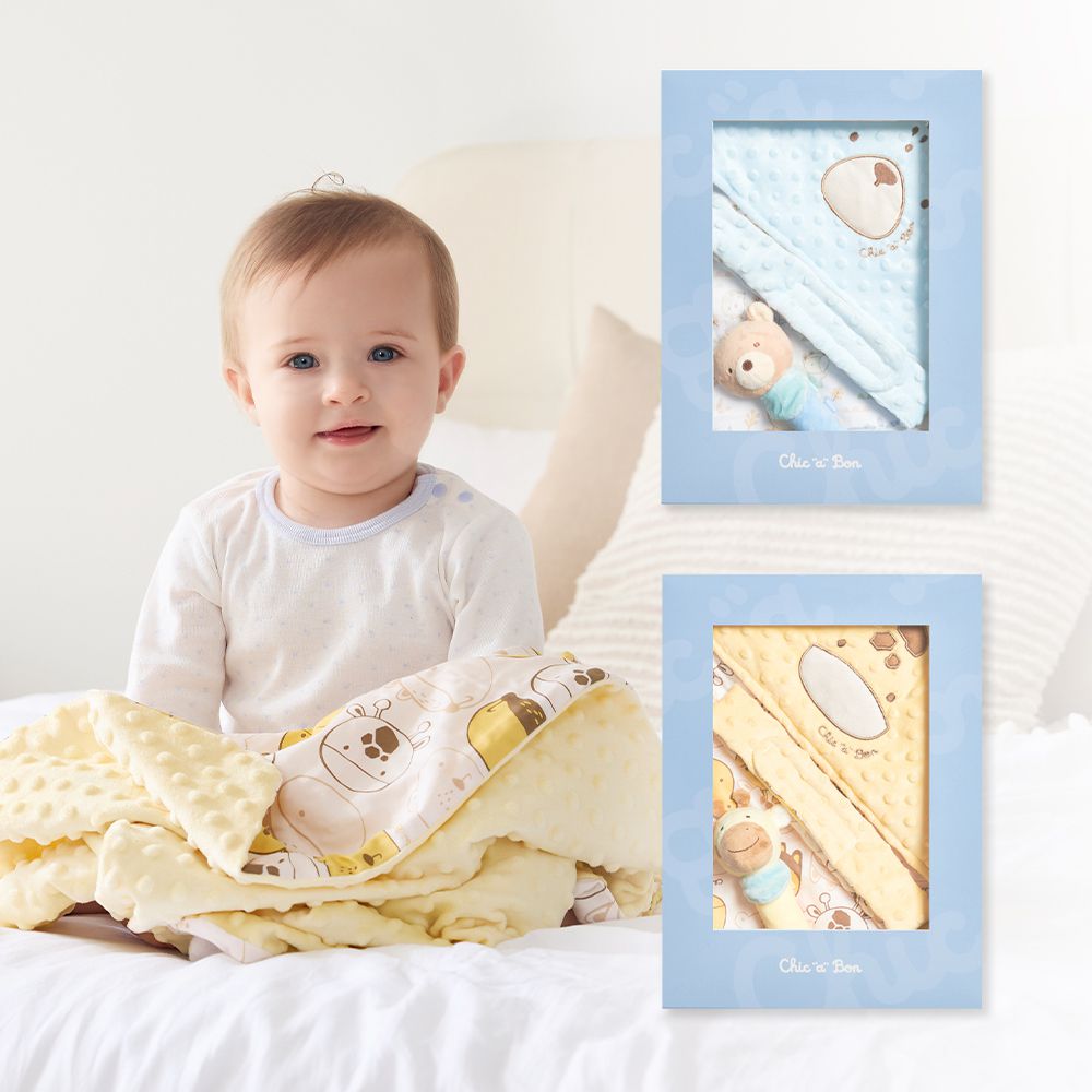 天絲豆趣包巾禮盒 75x75cm(包巾+包巾綁帶+手搖鈴 寶寶新生兒禮 滿月禮 彌月禮 豆豆蓋毯 寶寶毯)-黃色