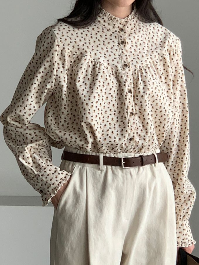 韓國女裝連線 - 滿版小花朵燈芯絨長袖襯衫-米 (FREE)