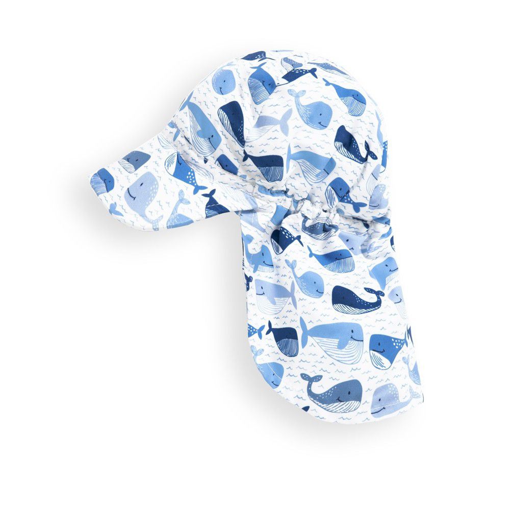 英國 JoJo Maman BeBe - 嬰幼兒/兒童UPF50+防曬護頸遮陽帽-鯨魚玩耍
