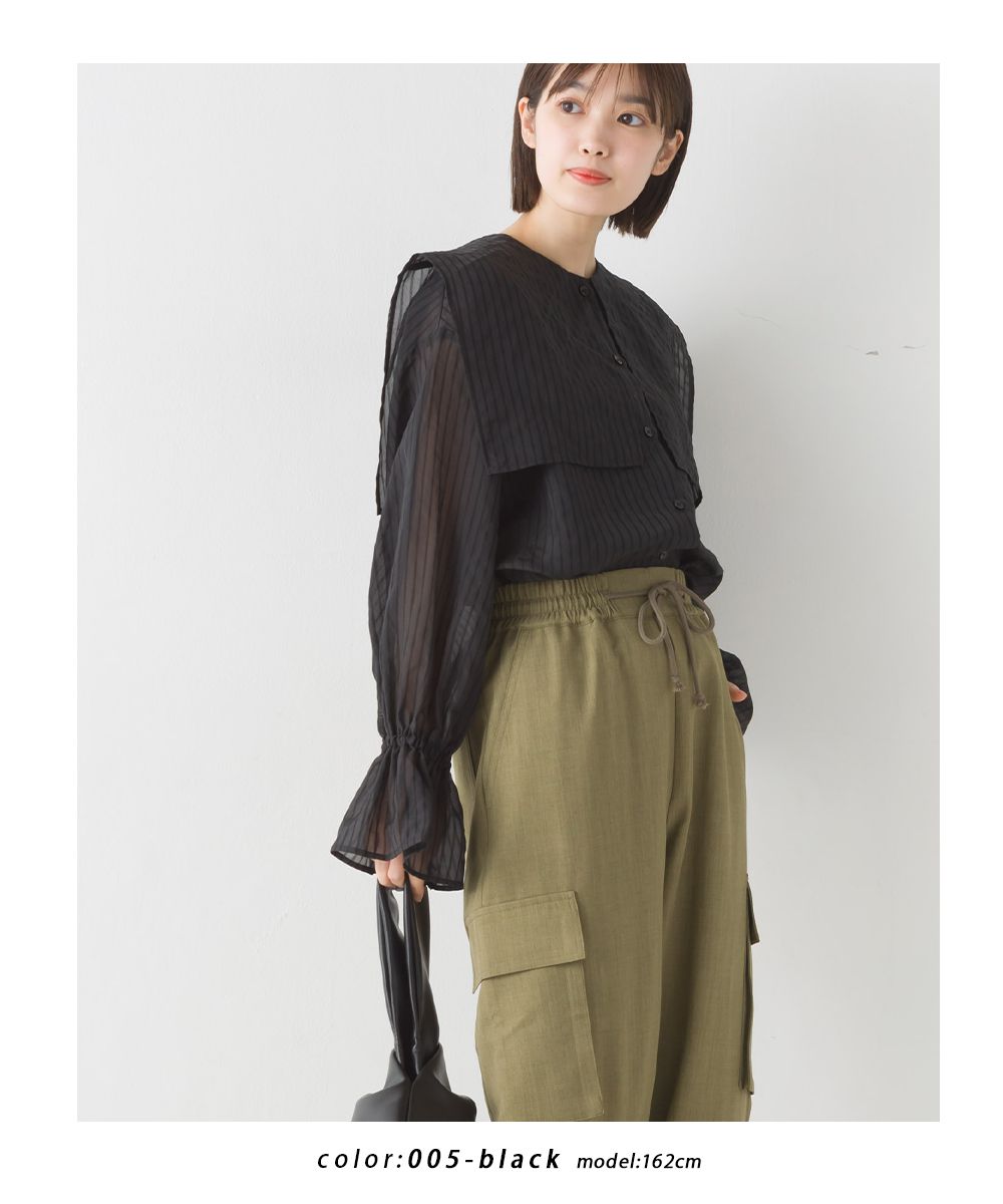 日本 OMNES - 空氣感翻領透膚糖果袖襯衫-暖陽橘