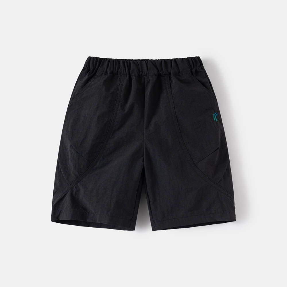 腰鬆緊休閒五分褲-刺繡字母-黑色